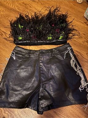 NWT Blue B Black Faux Leather Women's Shorts with Side Rhinestone Fringe